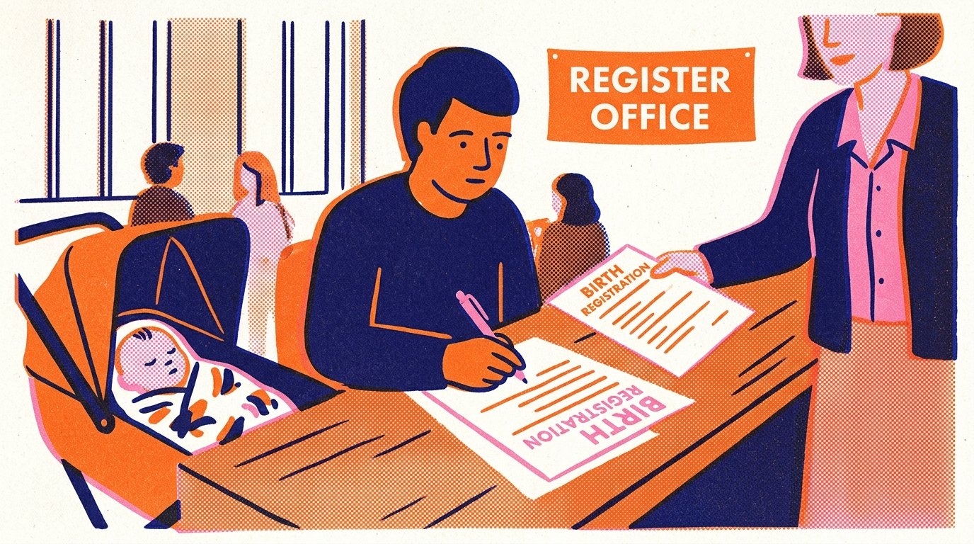 Parent completing birth registration paperwork for their newborn baby at a UK register office.