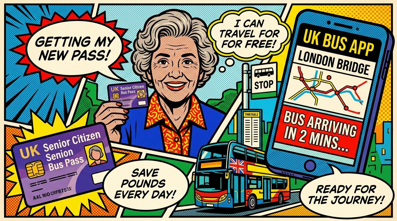 Smiling older woman holding a senior citizen card and waiting at a UK bus stop.