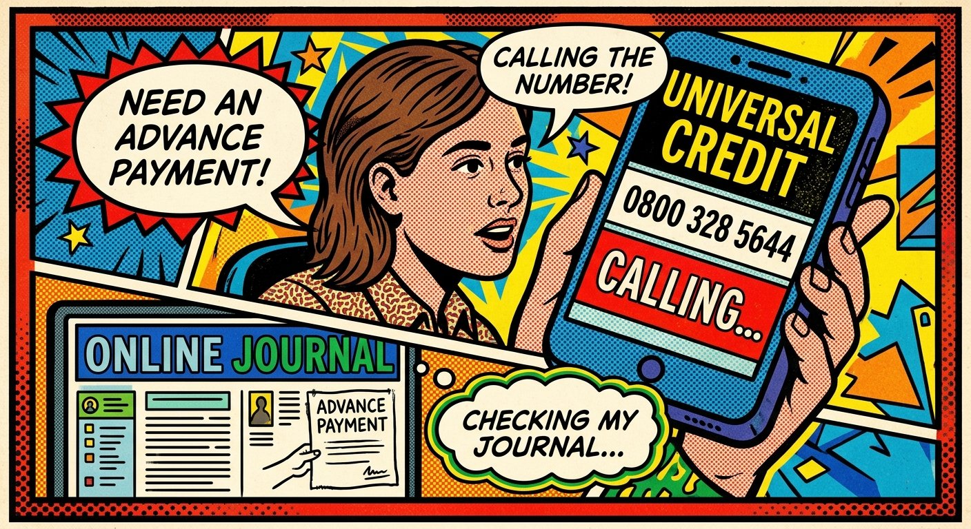 Person using a smartphone to call the Universal Credit advance payment number while checking their online journal.