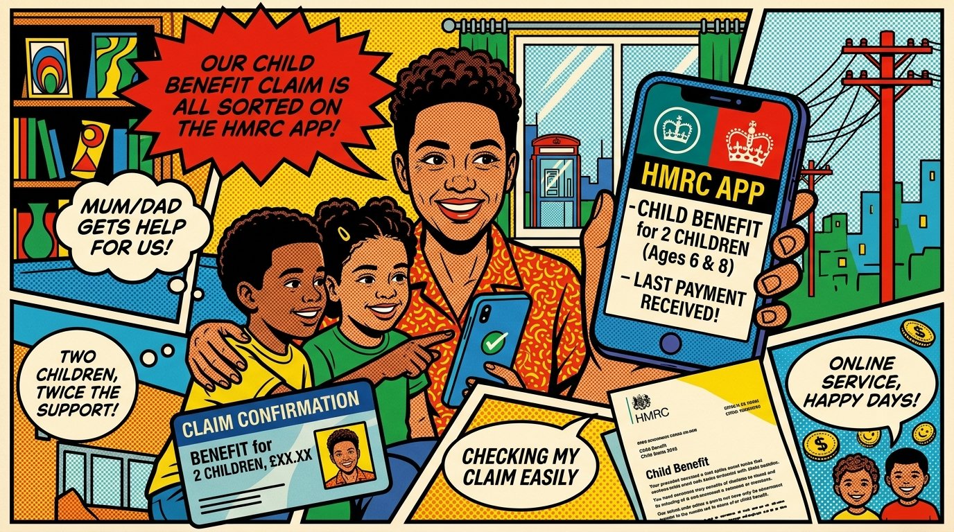 Parent checking Child Benefit for two children on the HMRC app while sitting with their kids.