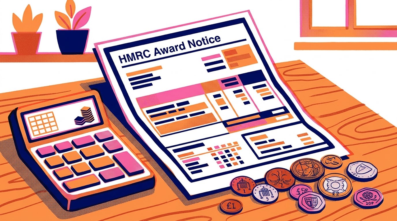 Child benefit rates 25/26 shown on a HMRC award notice with a calculator and UK coins on a table