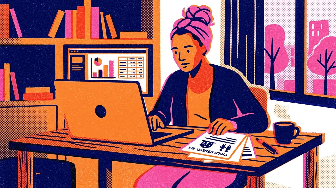 effect, bold flat shapes, no text.: Parent reviewing the higher income child benefit charge details on a laptop with a Child Benefit award notice nearby