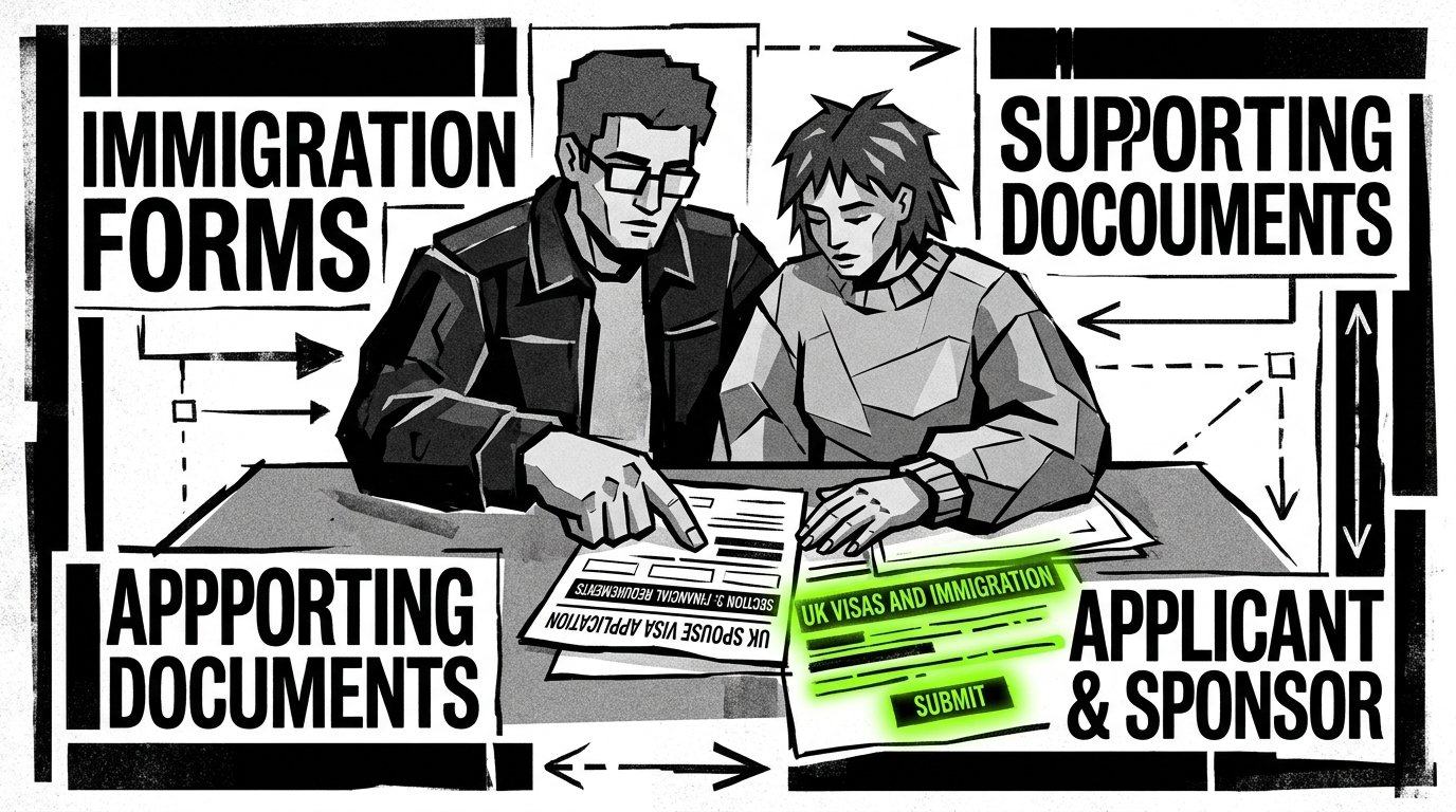 Couple reviewing UK spouse visa application documents at a table