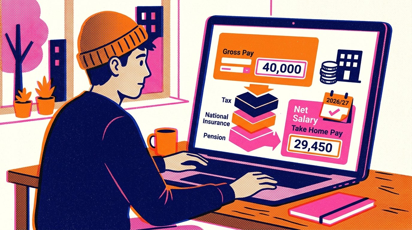 Employee using a take home pay calculator on their laptop to check their net salary for 2026/27